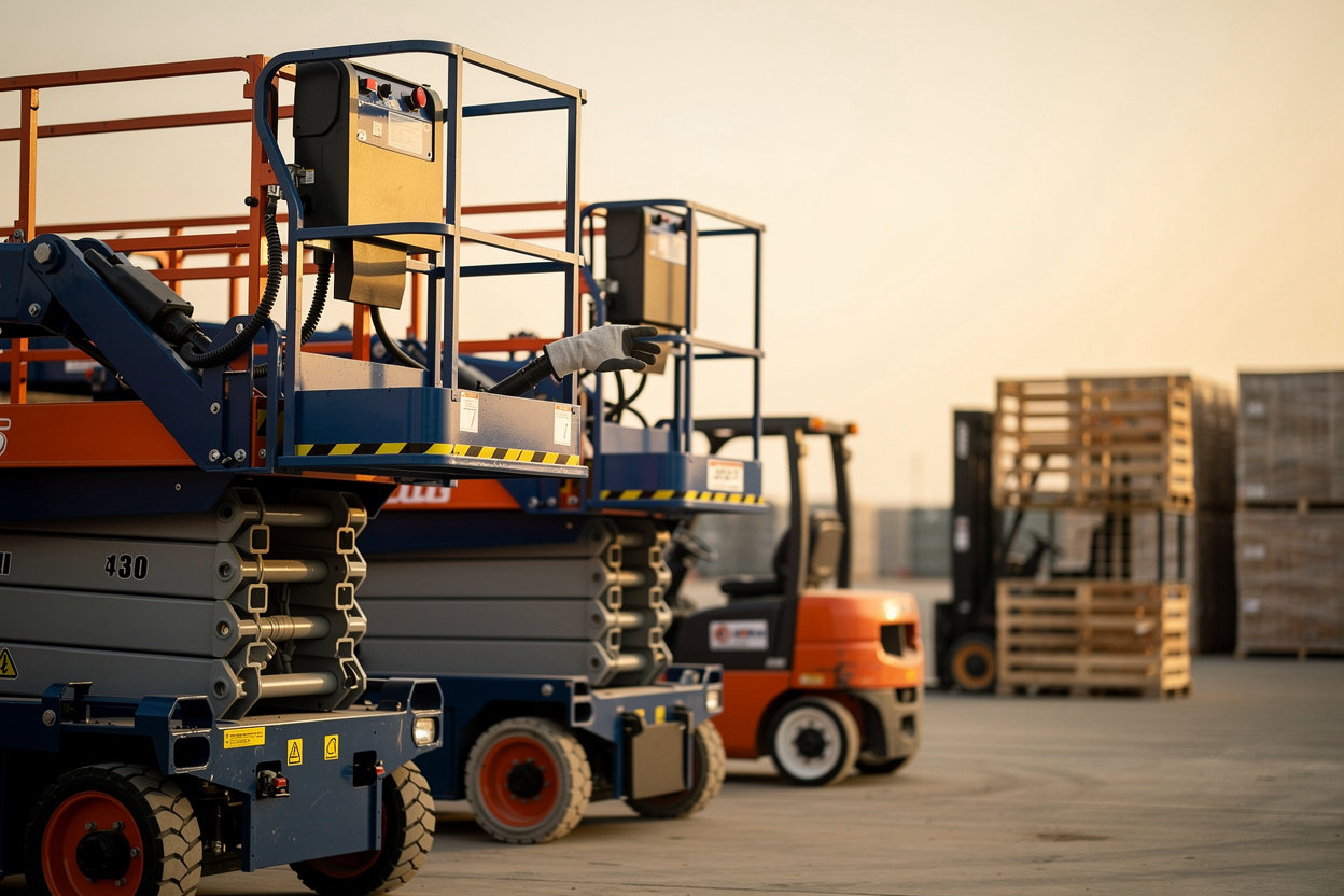 Lift Rentals KSA معدات رفع جاهزة للعمل في موقع إنشائي بالمملكة العربية السعودية لتأجير الرافعات المقصية والمعدات