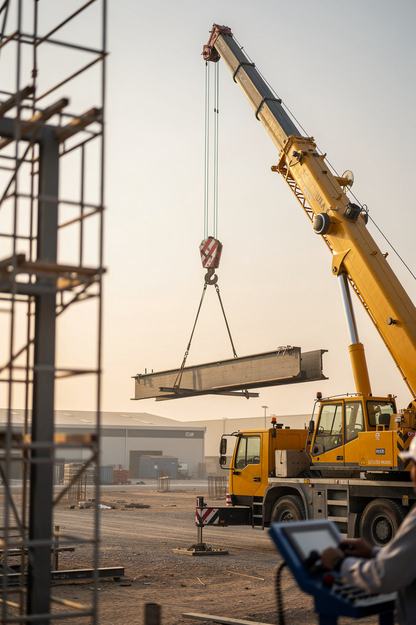 Lift Rentals KSA كرين للإيجار يرفع أحمالاً ثقيلة في موقع إنشائي بالمملكة العربية السعودية