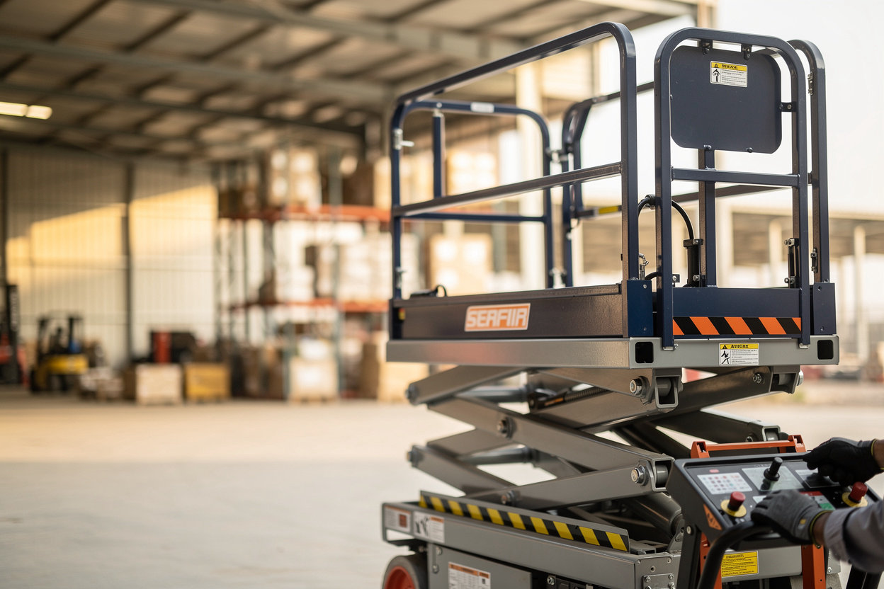 Lift Rentals KSA رافعة مقصية جاهزة للعمل في موقع إنشائي بالسعودية لأعمال الصيانة والتركيبات