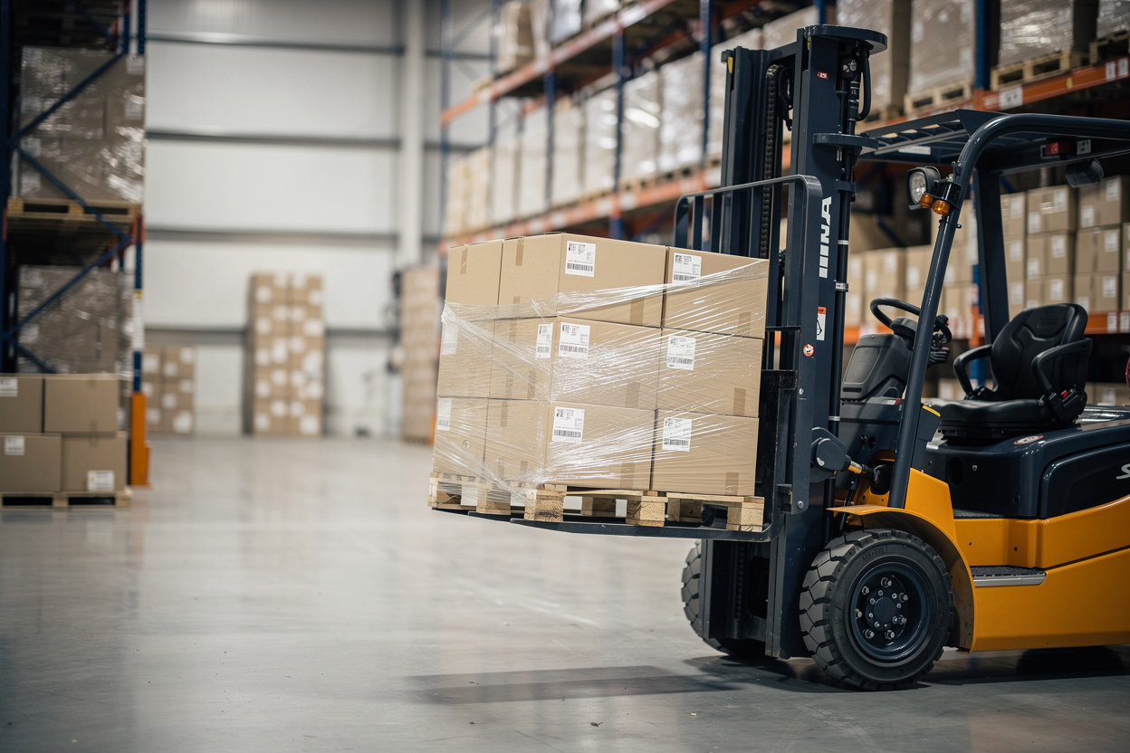 Lift Rentals KSA رافعة شوكية للإيجار تعمل داخل مستودع صناعي في السعودية لنقل البضائع ورفعها