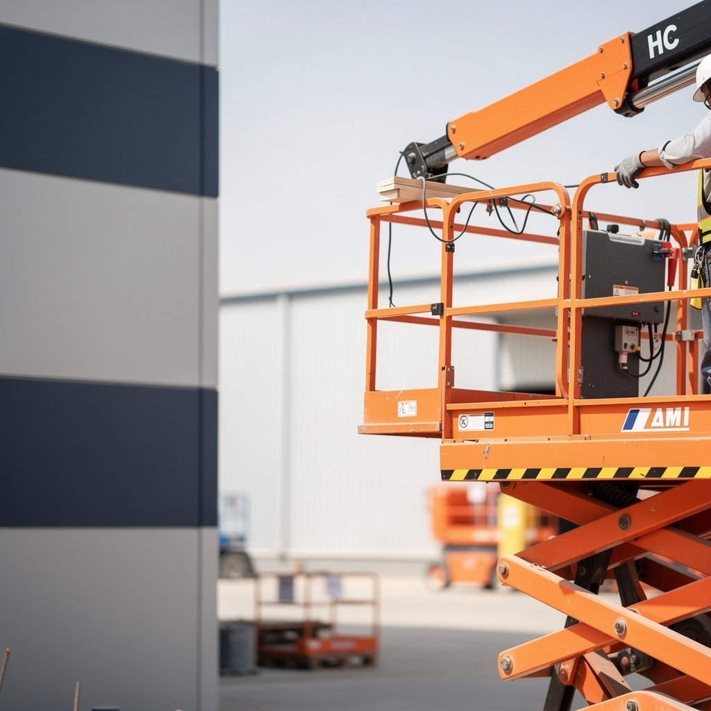 Lift Rentals KSA مان لفت للإيجار يعمل على واجهة مبنى في جدة ومكة بالسعودية