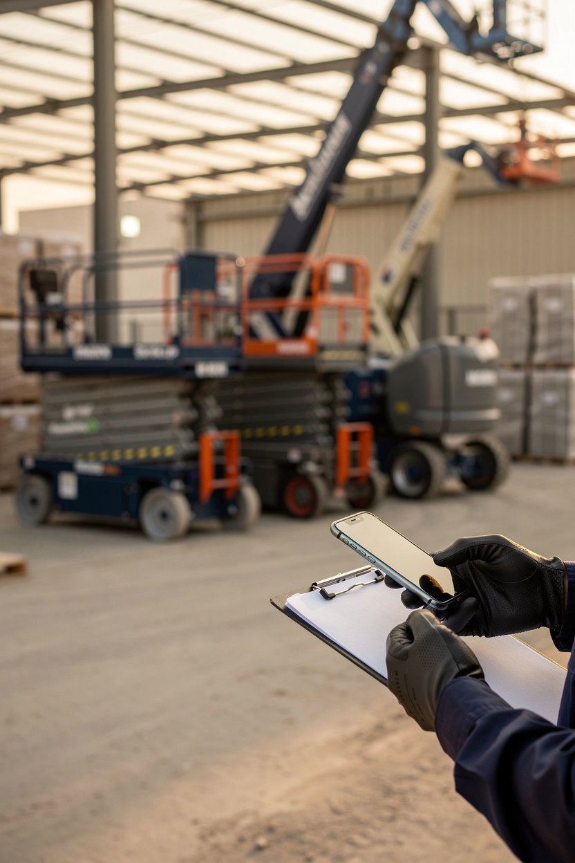 Lift Rentals KSA رافعة مقصية جاهزة للتشغيل في موقع عمل بالسعودية لتأجير المعدات